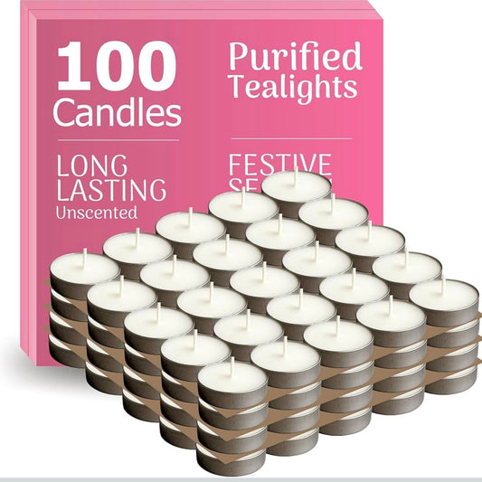 White Tealight Candles | Pack of 100 | Unscented Purified Wax Candles | Upto 3 Hour Burn Time | Smokeless & Dripless | Perfect for Diwali, Christmas, Celebration & Decoration