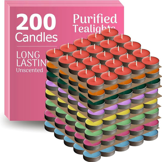 Multicolor Tealight Candles | Pack of 200 | Unscented Purified Wax Candles | Upto 3 Hour Burn Time | for Diwali, Christmas & Decoration | Red, Green, Light Green, Yellow, Orange, Pink, Purple, Blue