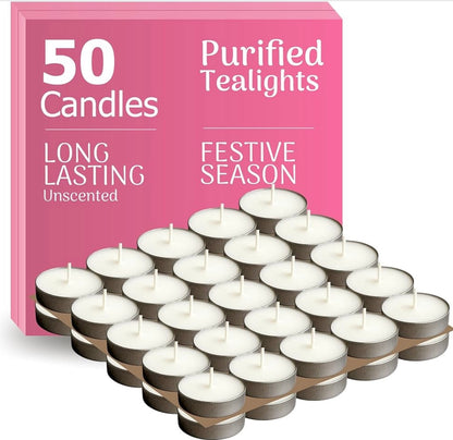 White Tealight Candles | Pack of 50 | Unscented Purified Wax Candles | Upto 3 Hour Burn Time | Smokeless & Dripless | Perfect for Diwali, Christmas, Celebration & Decoration