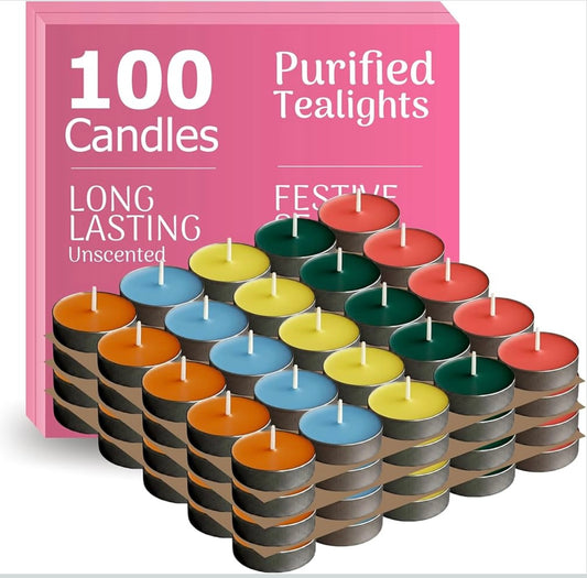 Multicolor Tealight Candles | Pack of 100 | Unscented Purified Wax Candles | Upto 3 Hour Burn Time | for Diwali, Christmas, Celebration & Decoration | Red, Green, Yellow, Orange & Blue