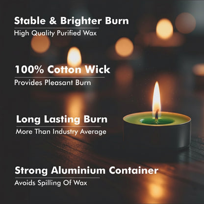 Green Tealight Candles | Pack of 50 | Unscented Purified Wax Candles | Smokeless, Dripless, Long Lasting | Perfect for Diwali, Christmas, Home Decoration & Festivals
