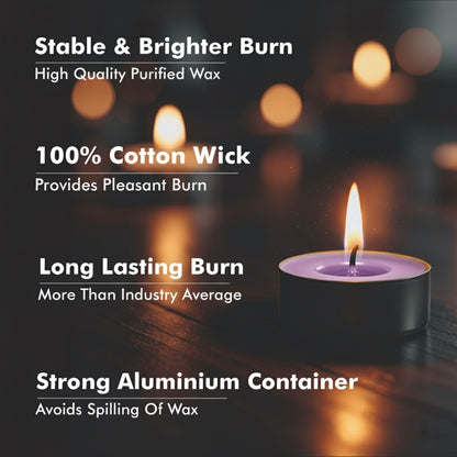 Purple Tealight Candles | Pack of 50 | Unscented Purified Wax Candles | Smokeless, Dripless, Long Lasting | Perfect for Diwali, Christmas, Home Decoration & Festivals | Lavendar Candles